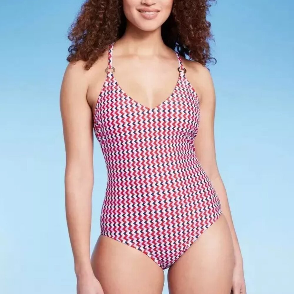 KONA SOL Crisscross Back O-Ring Swimsuit - Red, White & Blue - SIZE Large NWT